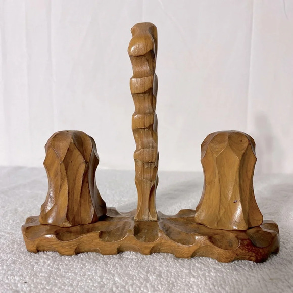 Vintage Hand Carved Wood Salt & Pepper Shakers With Carrier Stand - Picture 6 of 15